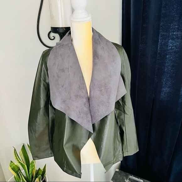 Tahari Faux Leather Moto Drape Wrap Jacket, Comfy Dark Green, Size Small, NWT - Picture 7 of 12